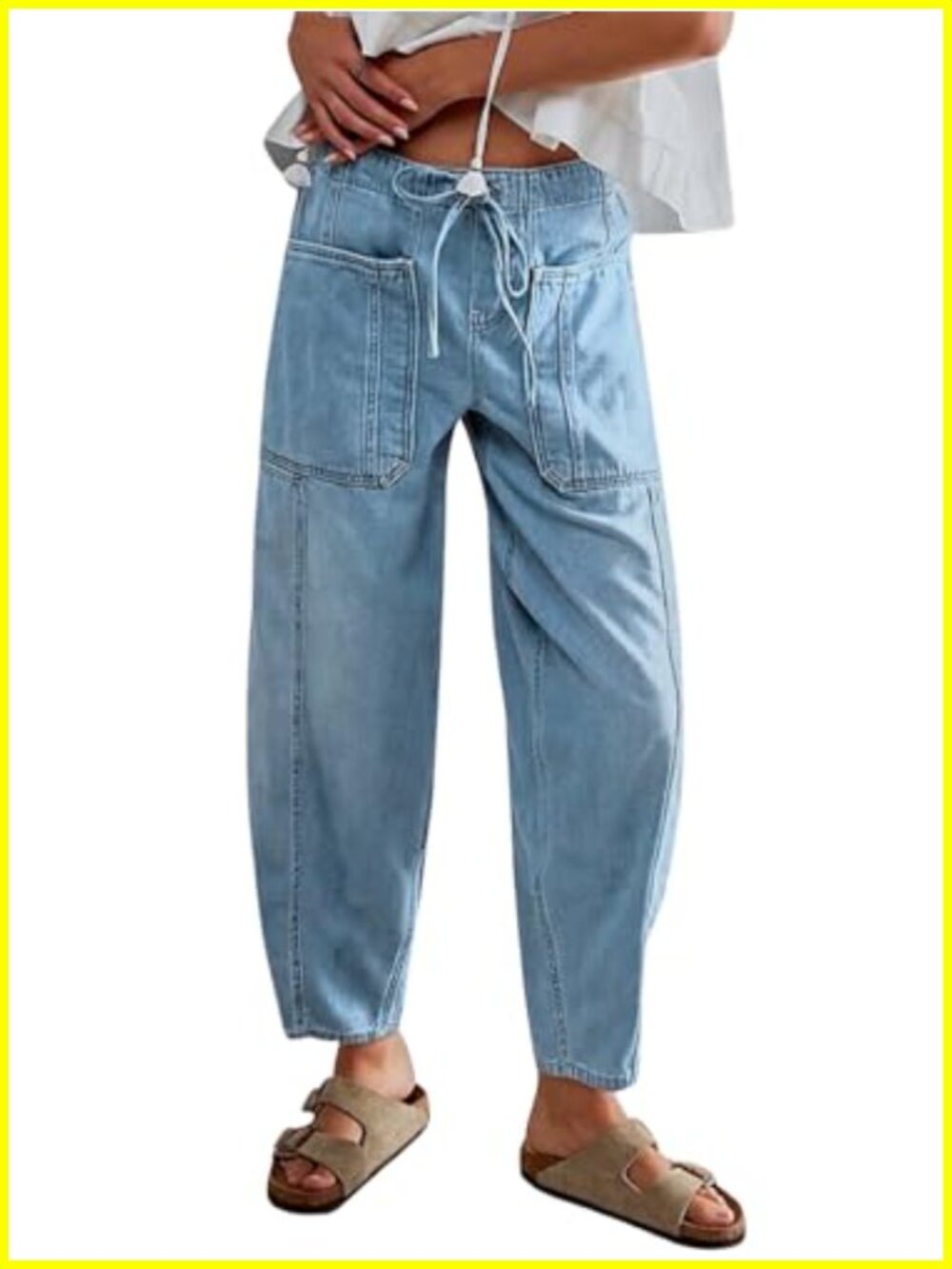 Baggy Wide Leg Barrel Jeans Women Mid Rise Drawstring Elastic Waist Denim